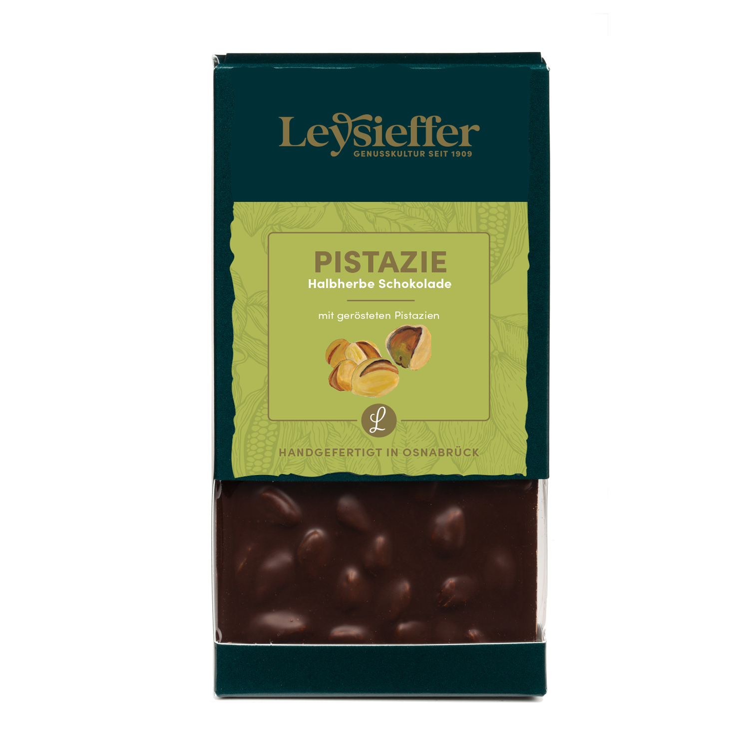 Halbherbe Schokolade mit gerösteten Pistazien